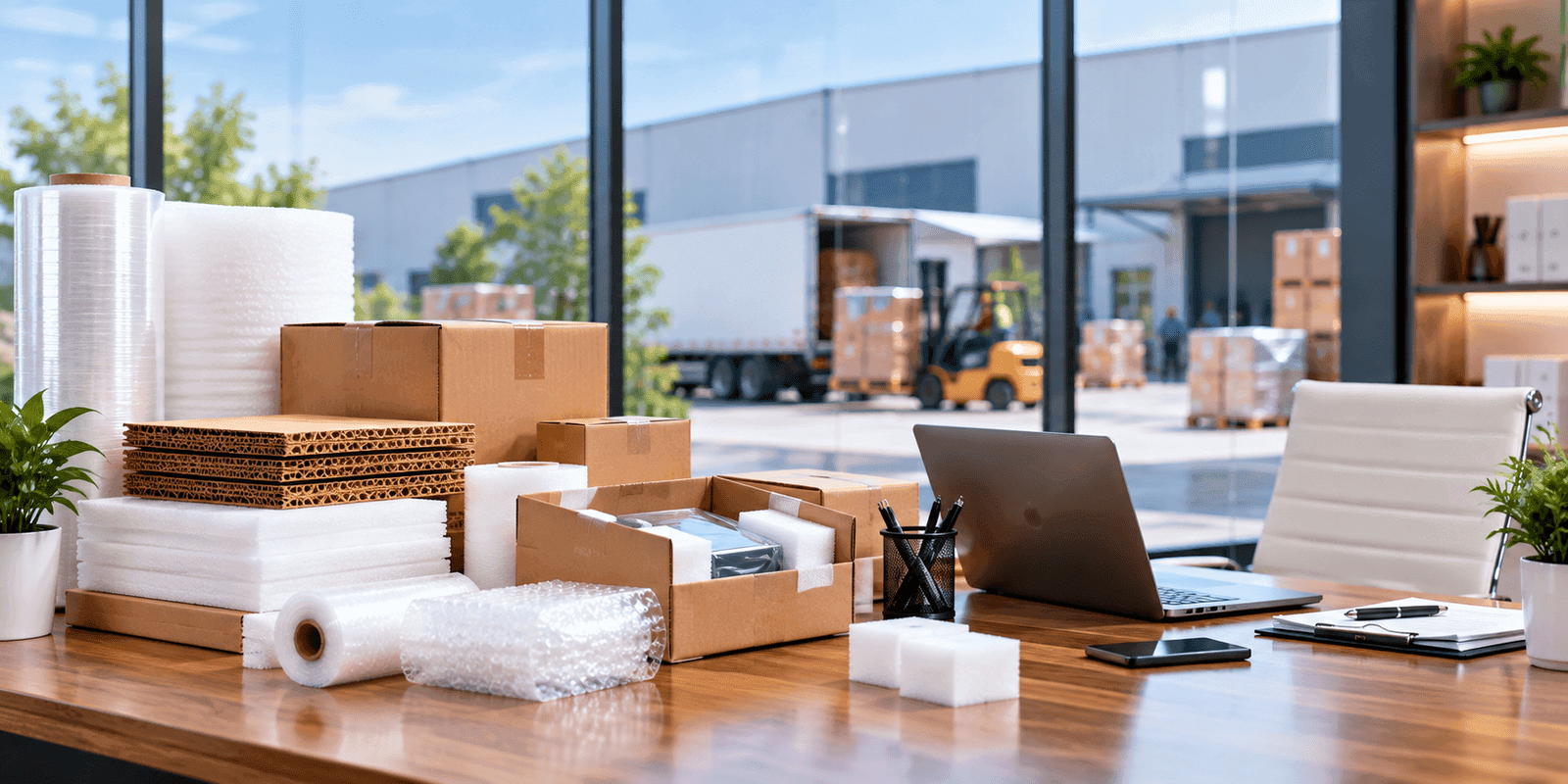 SRM Enterprises industrial packaging logistics warehouse with corrugated cartons, foam rolls, bubble packaging, and stretch film